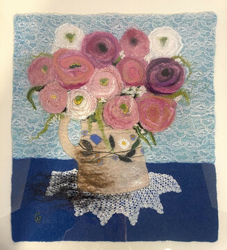 Ranunculus- wet felted picture with hand and machine embroidery