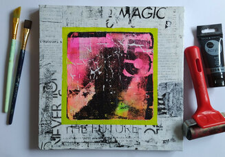 Magic Number 5 - Gel print and acrylic on canvas 24.5 x 24.5 cm