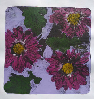 Chrysanthemum - gel print on paper 15 x 15cm